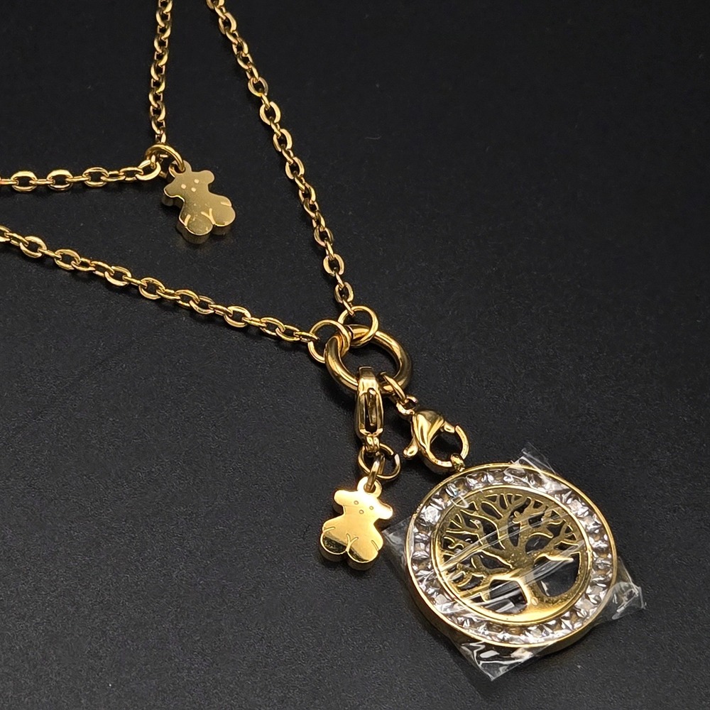 Gold Stainless Steel Tree of Life Layered Necklace with Bear Charms Crystal